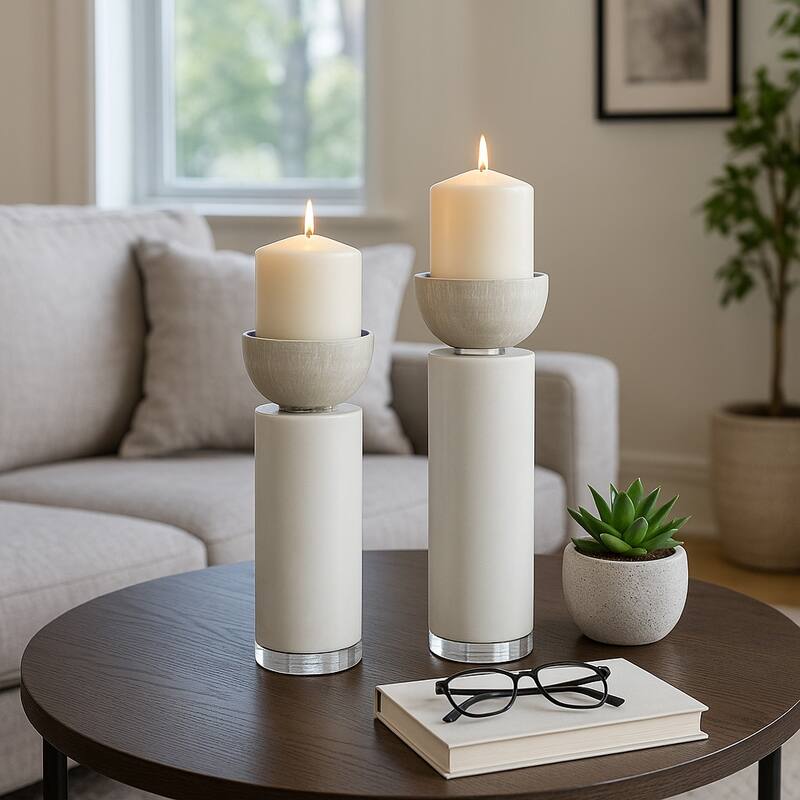 Candle Holders Set of 2 - White Resin Cylinder, 11/13" - 12.5"