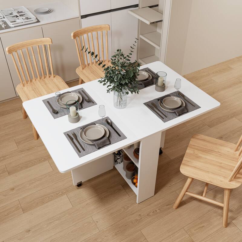 Roomfitters Foldable Dining Table with Drop Leaf, Space Saving Kitchen Table for Small Homes and Compact Rooms, White