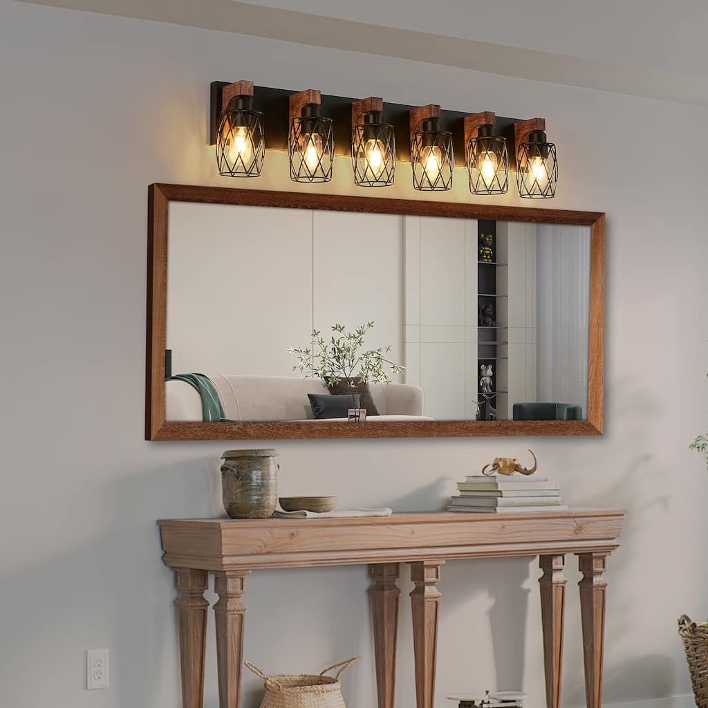 38" Industrial Vintage 6-Light Wall Sconce - Black Cage Wall Lighting Fixture with Wooden Accents for Bathroom, Hallway - Walnut