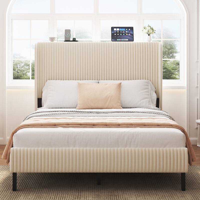 Beige Velvet Platform Bed Frame with Charging Station(Full/Queen/King） - Full