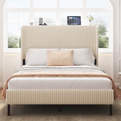 Full Size Platform Bed, Metal Bed Frame with Charging Station, No Box Spring Needed, Noise Free,Easy Assemble