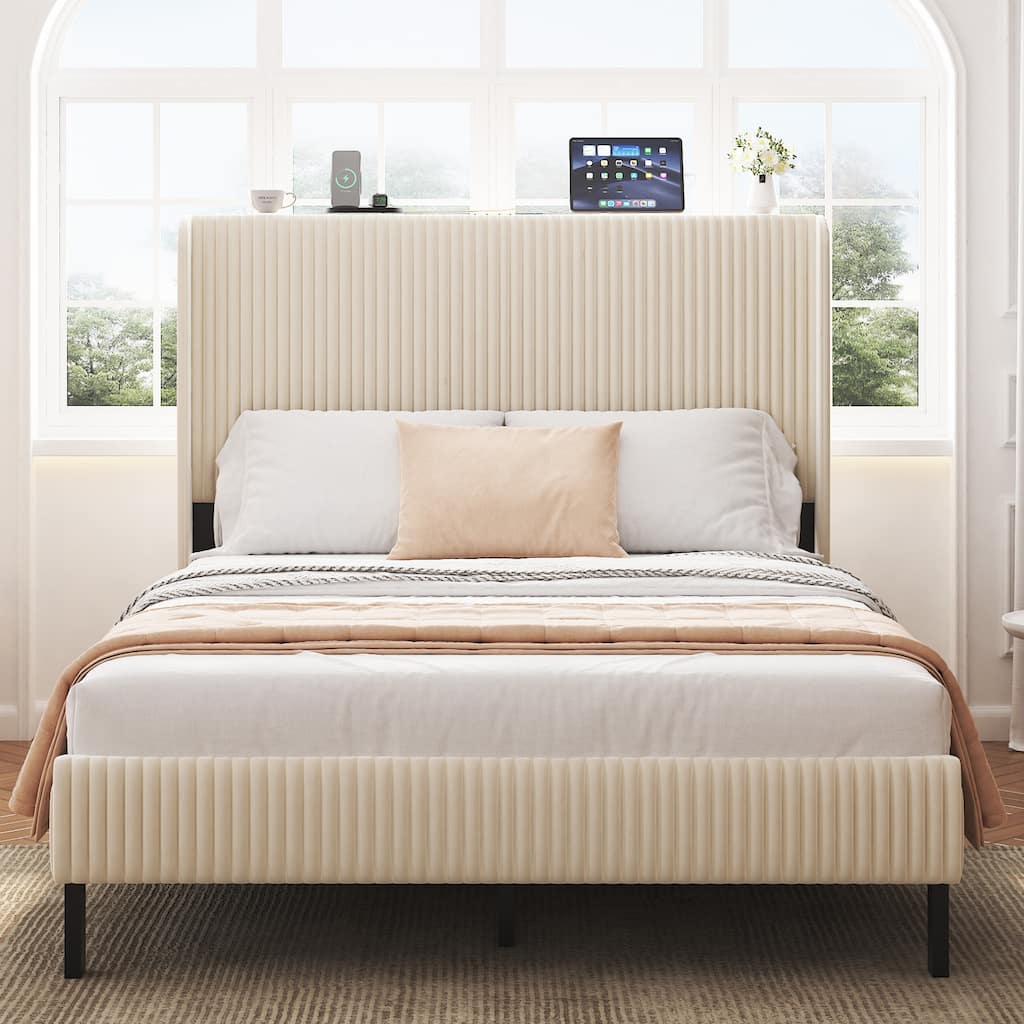 Full Size Wood Platform Bed with Charging Station, Noise-Free Design and No Box Spring Needed