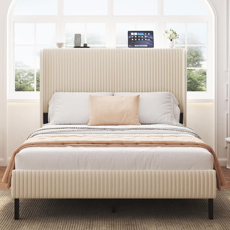 Upholstered Platform Bed Metal Bed Frame with High Headboard, 2 Charging Ports and LED Lights, Noise-Free Metal Slats, Beige