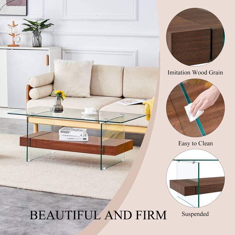 40.3-Inch Sturdy Double-Layer Coffee Table - Tempered Glass Tabletop And Table Legs,With A Load-Bearing Capacity Of 250 Pounds