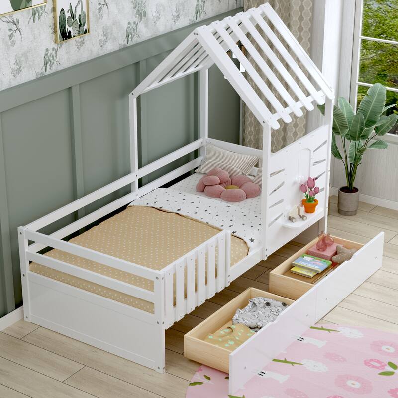 Twin Size House Bed Wood Kids Bed Frame with 2 Storage Drawers, Window and Guardrails for Bedroom, Easy Assembly