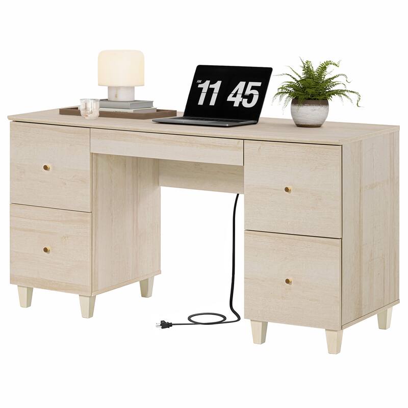 58" Executive Desk with 5 Drawers&Charging Station for Home Office - 5 Drawers - Light Oak