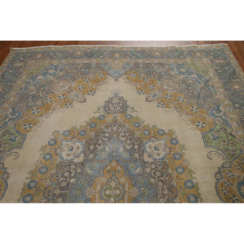 Hand Knotted Oriental 100% Wool Carpet Traditional Medallion Beige & Ivories Tabriz Area Rug - 11' 6'' X 8' 0''
