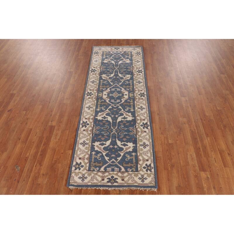 Blue & Ivory Oushak Oriental Runner Rug Handmade Wool Carpet - 2'9"x 7'9"