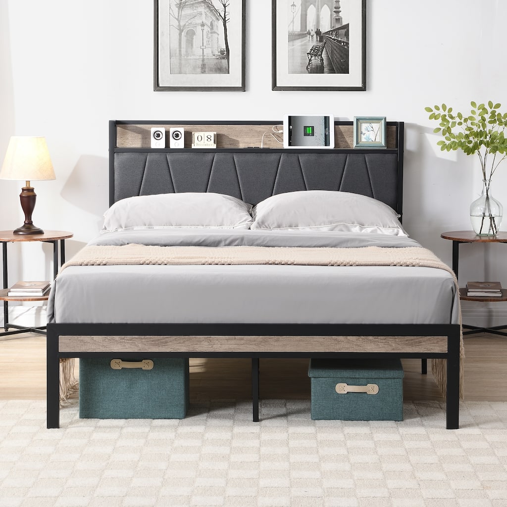 Beige+Black+Grey Queen Size Metal Platform Bed with Upholstered Storage Headboard and USB