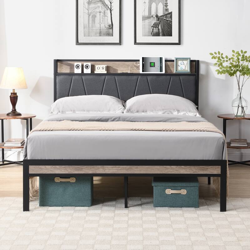 Metal Platform Bed Frame With Upholstery Storage Function Headboard