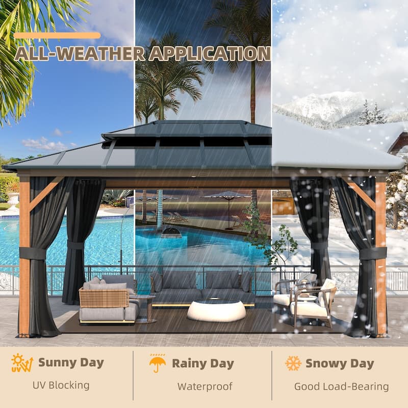 EROMMY Outdoor Wood Gazebo with Double Polycarbonate Roof, Heavy Duty Backyard Patio Pergola Canopy for Garden Shade