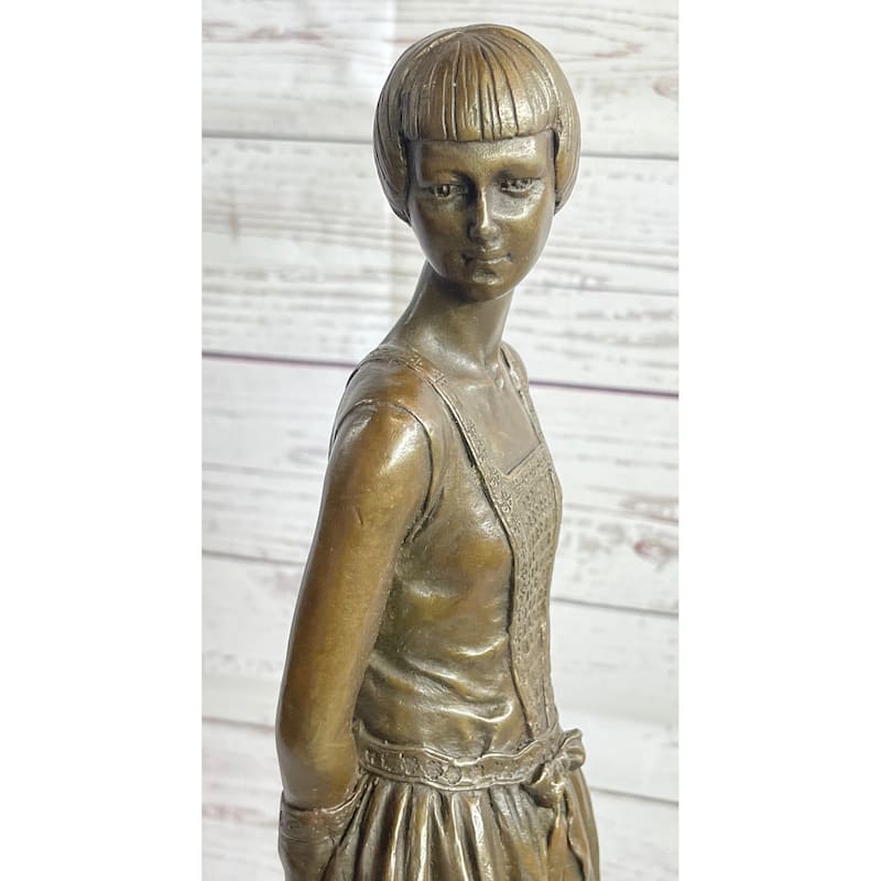 Young Woman In Dress With Short Hair Bronze Figure Statue Sculpture On Marble Base