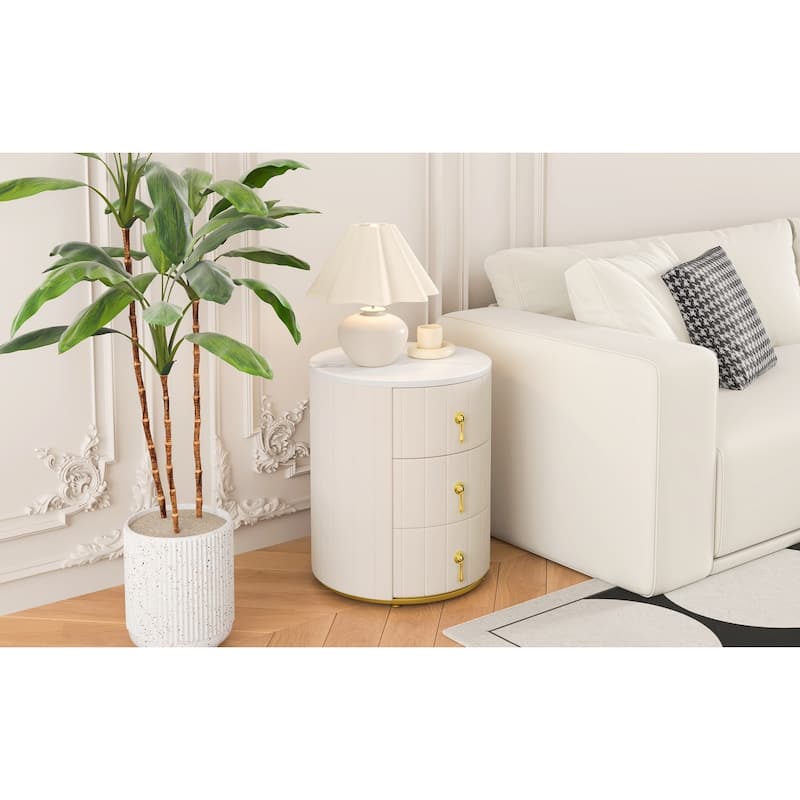 Round Nightstand with 3 Drawers, Velvet Upholstered Storage Cabinet, Sofa Side Table with Marble Table Top & Metal Legs