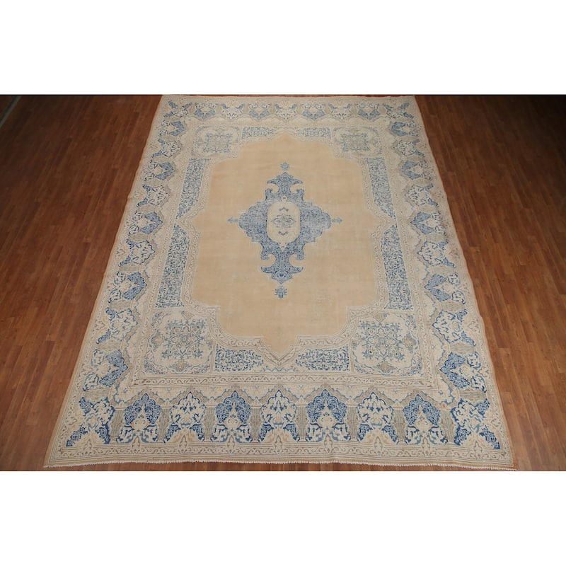 Hand Knotted Oriental 100% Wool Carpet Traditional Medallion Peach Kerman Area Rug - 13' 7'' X 10' 5''