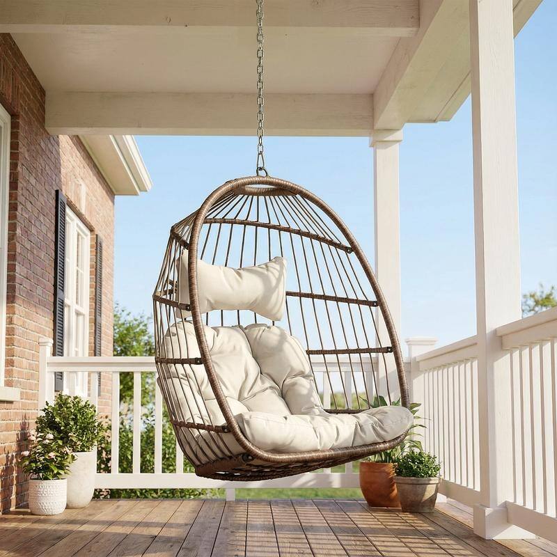 Outdoor Indoor Wicker Foldable Hanging Egg Chair Without Stand, Patio Swing Chair with Cushion, 350 lb Capacity - Brown