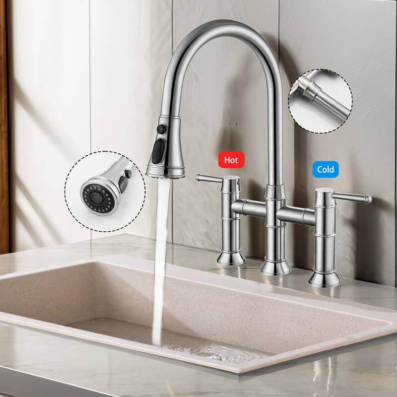 Stainless Steel Bridge Kitchen Faucet with Pull Down Sprayer