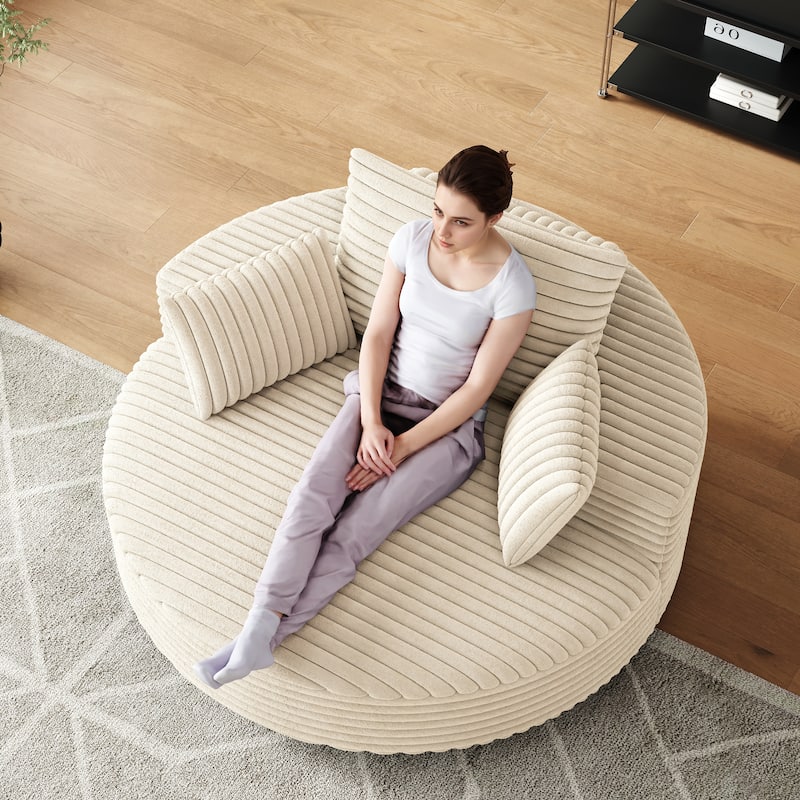 Fluffy Sleeper Sofa Chair 360° Swivel Chair Sofa Single Chaise Lounge Corduroy Foam Sofa Chair with Neck Support and Pillows