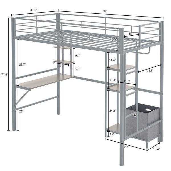 dimension image slide 1 of 2, Twin Size Metal Loft Bed with Desk and Storage Shelves, Full-length Guardrails