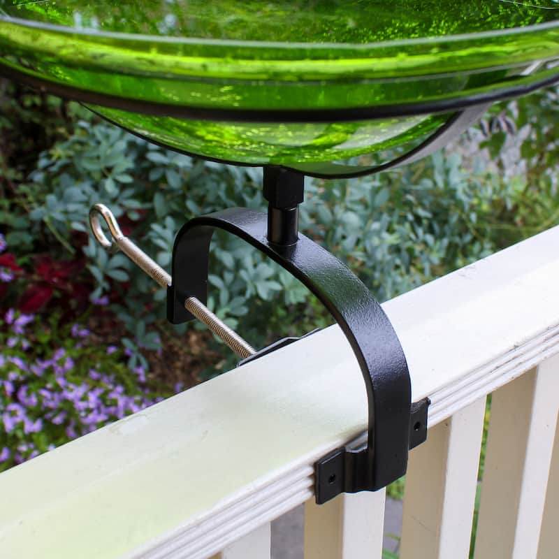 Achla Designs 12.5"Dia. Round Crackle Glass Birdbath w/Black Wrought Iron Over Rail Bracket