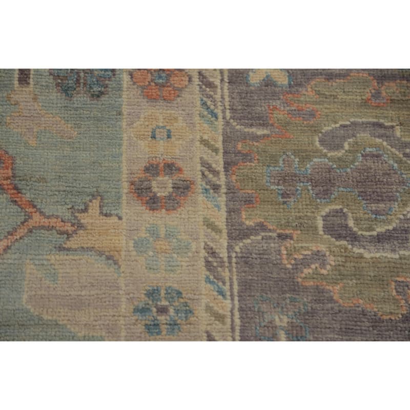 Light Blue Floral Oushak Vegetable Dye Area Rug, Floral Geometric Carpet - 12' 5'' X 9' 4''