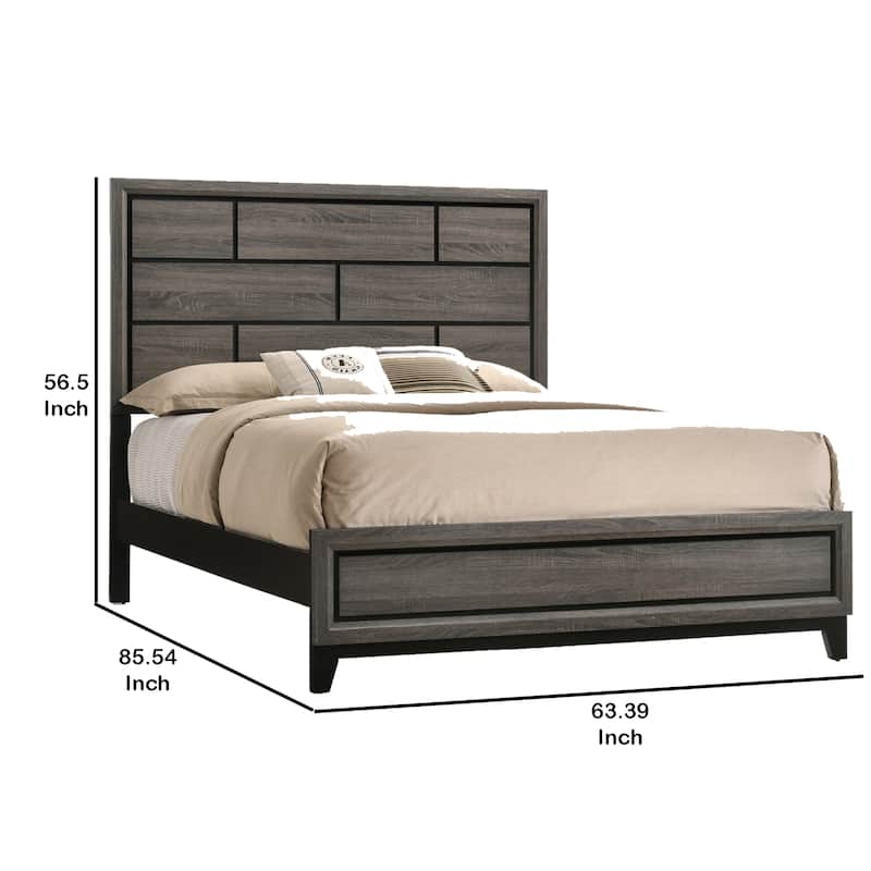 Transitional Style Wooden Queen Size Bed with Brick Elements Panel Headboard, Gray