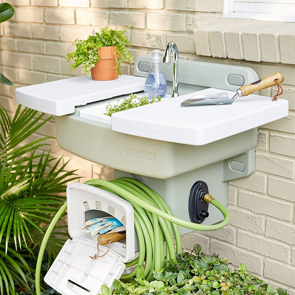 Modern Home Wall Mounted Outdoor Garden Sink w/Hose Holder - No