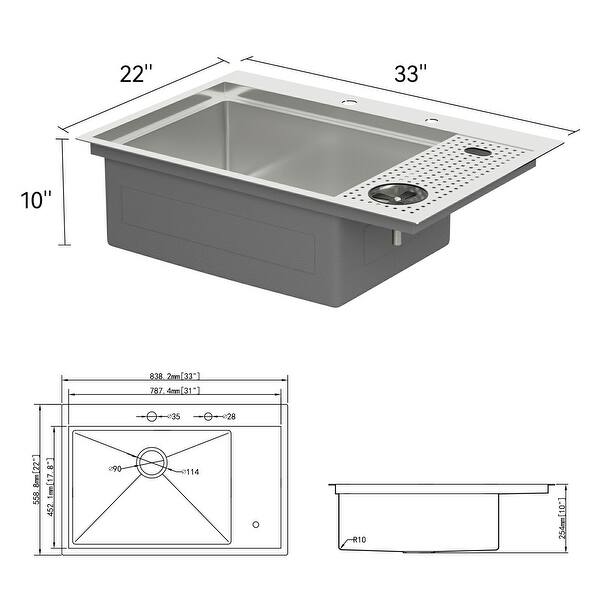 33 in. Drop-In/Topmount Single Bowl 16 Gauge Brushed Nickel Stainless Steel Workstation Kitchen Sink with Glass Rinser