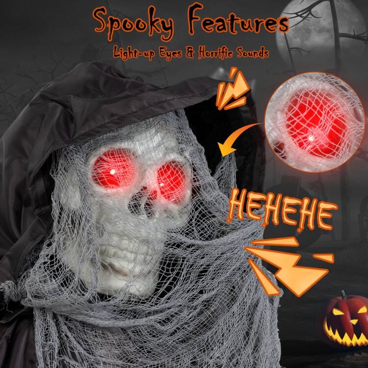 Black Metal Fabric Animated Grim Reaper Halloween Decoration 8.5ft