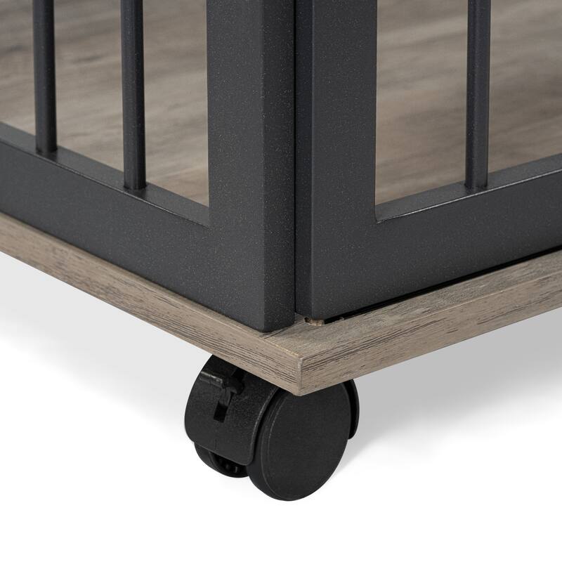 44''Heavy Duty Dog Crate Furniture with Lockable Wheels,Wooden Dog Crate Dog Kennel,End Table Crate with Double layer storage