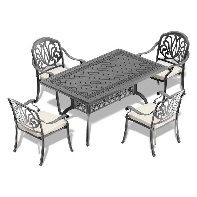 L59.05*W35.43-inch Cast Aluminum Patio Dining table With Black Frame and Carved Texture on the tabletop