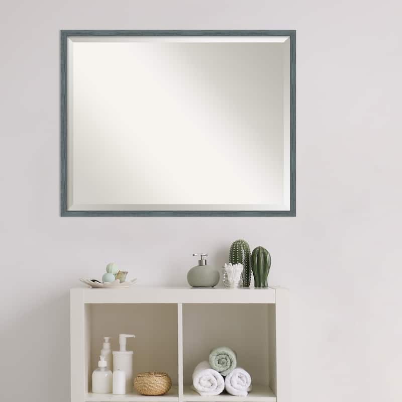 Beveled Wood Bathroom Wall Mirror - Dixie Blue Grey Rustic Narrow Frame
