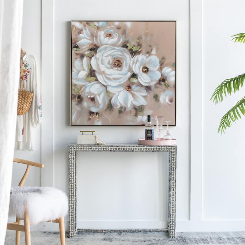 Square Framed Wall Art Flower Canvas Print - Grey