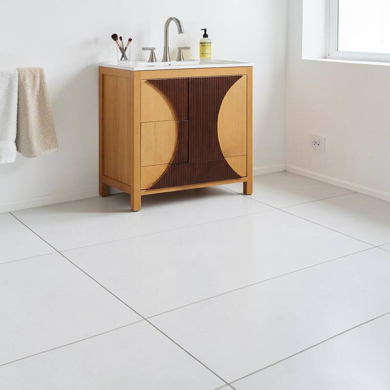 30 Inch Mid Century Modern Bathroom Vanity with Sink, Freestanding Wood Cabinet with Drawers and Door