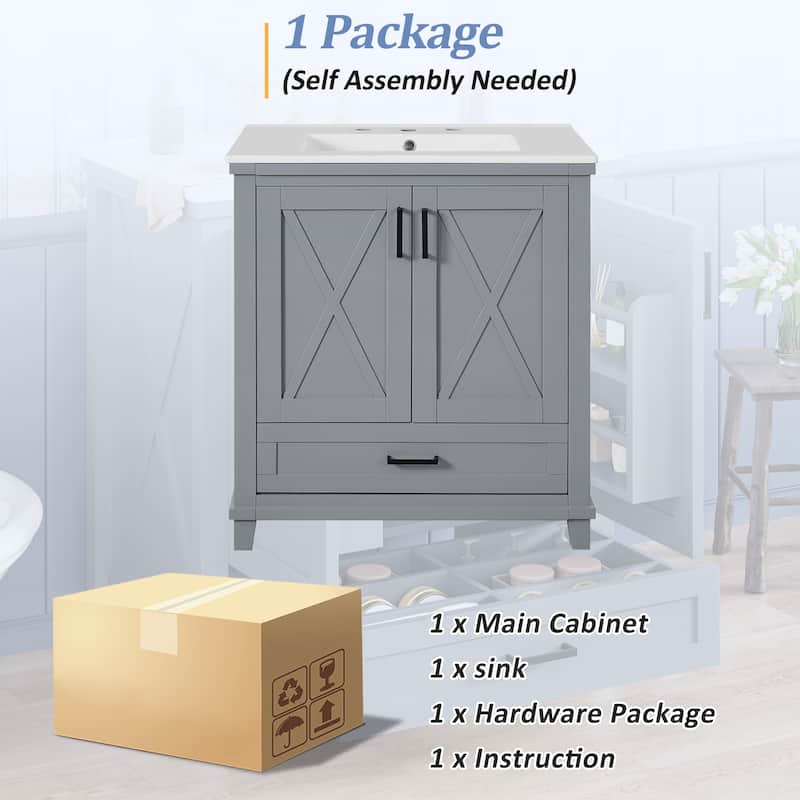 30" Bathroom Vanity with Single Sink - Solid Wood & MDF, 2 Soft-Close Doors, Divided Drawer, Dual Shelves, Compact Storage