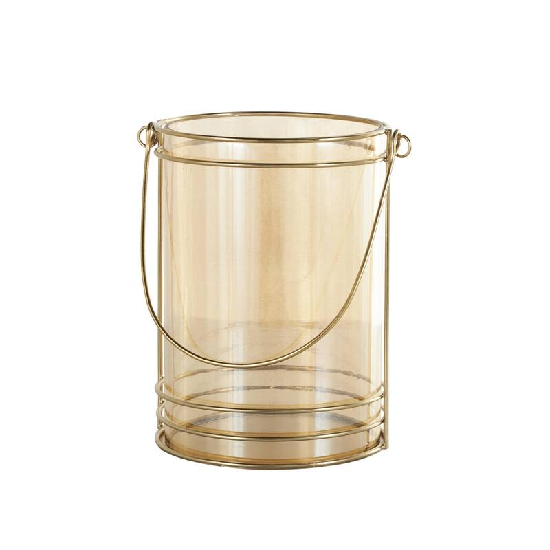 Metal Indoor Outdoor Candle Lantern with Thin Circular Rods and Tinted Glass - Gold - Roche River Decor