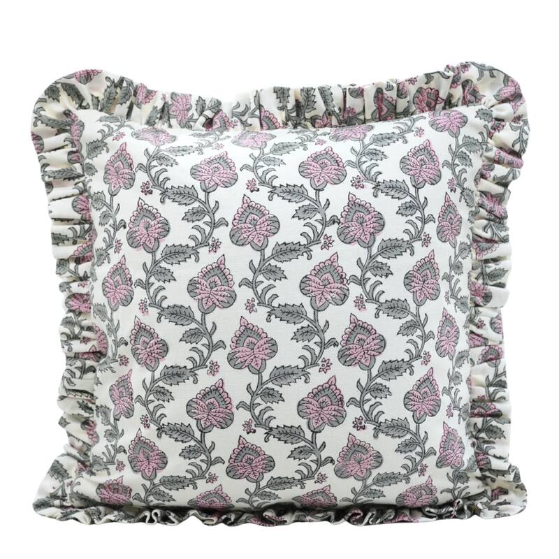 Fabdivine Cotton Frill Both Side Floral Pillow Cove Bed or Living Room Decoration - Madhubala- Pink, Grey - 22" x 22" - Cover Only