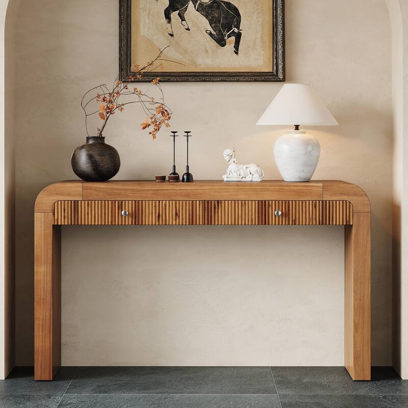 Rustic Console Table with Fluted Drawer Front - Brown