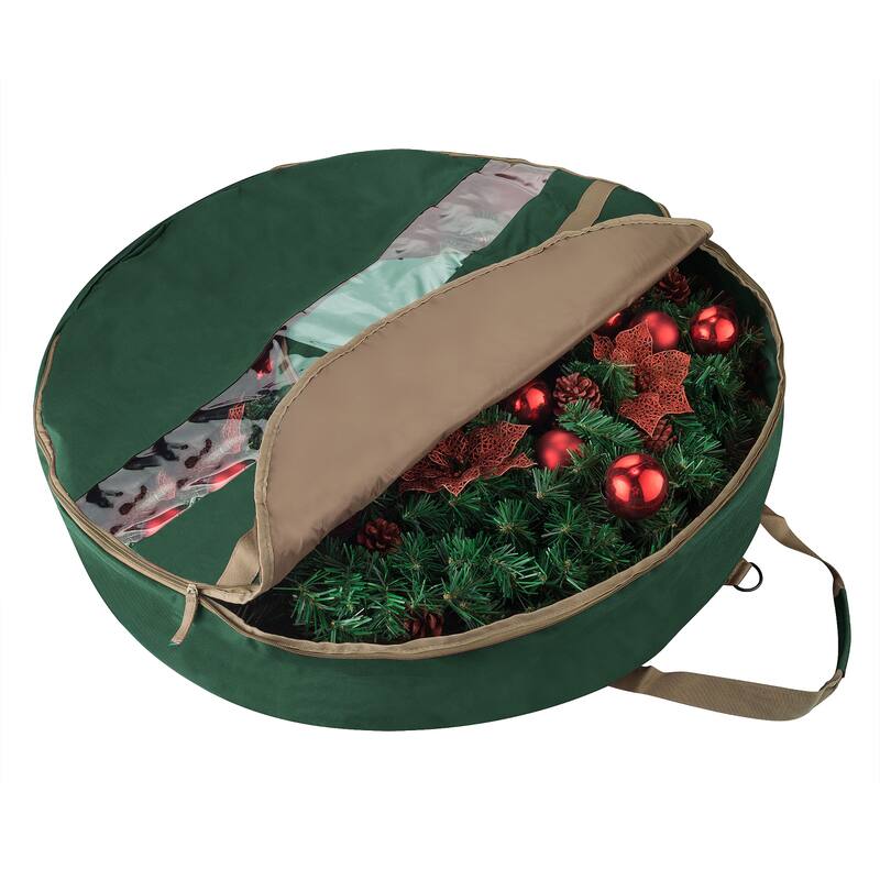 Wreath Storage Container - Holds 48-Inch Artificial Wreath with Compartment for Ornaments by Elf Stor (Green)
