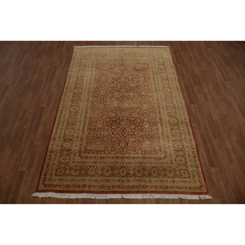 Hand Knotted Oriental 100% Wool Carpet Traditional Floral Oranges & Rust Qum Area Rug - 9' 5'' X 6' 1''
