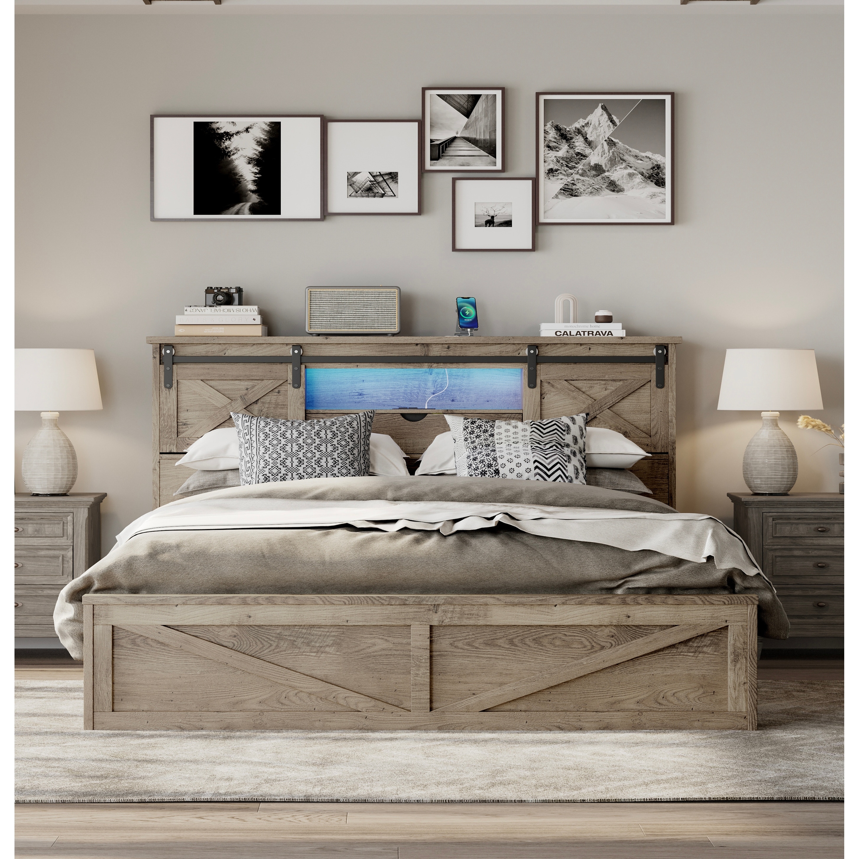 King Size Bed Frame with LED Lights and Charging Station, 2 Storage Drawers, Headboard with Sliding Barn Door Storage Cabinets