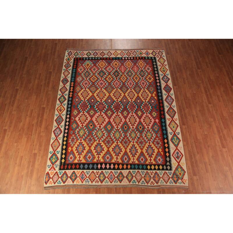 Geometric Kilim Reversible Area Rug Hand-Woven Orange Wool Carpet - 8'3"x 11'0"