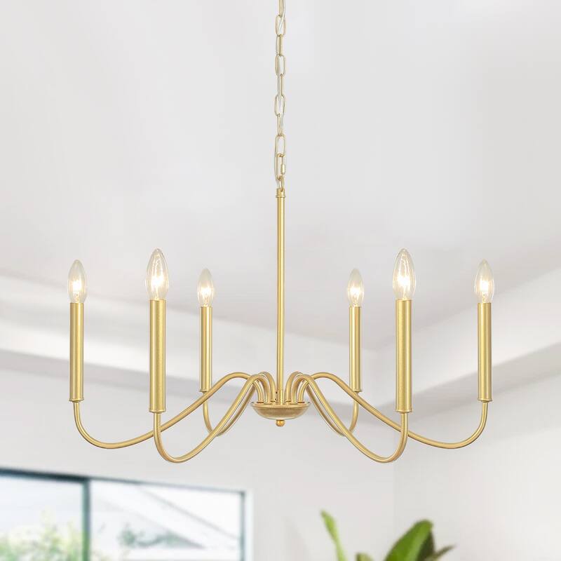 25.59'' W 6-Light Simple Candle Chandelier, Industrial Chandelier, Traditional Metal Ceiling Light for Dining Living Room - Spray Gold