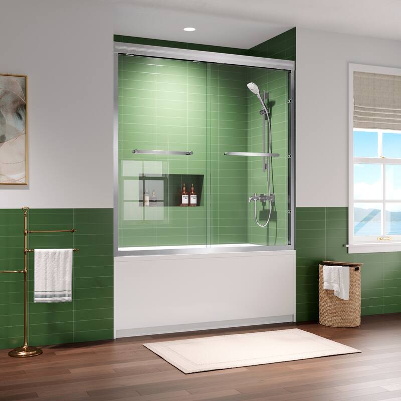 60x60 Sliding Tub Shower Door, Double Bypass, 6mm Tempered Glass, Bright Aluminum Frame, Hidden Rollers, 4 in Adjustable