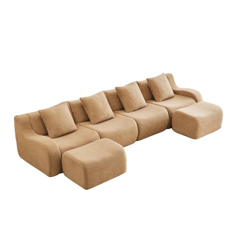 118" Modern U Shaped Modular Sectional Sofa, Boneless Couches for Living Room with Ottoman, 4 Seater Teddy Fabric Couch Sofa Set