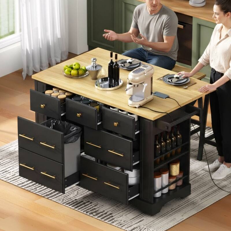 51.2" Rolling Kitchen Island with Drop Leaf, Kitchen Island with 6 Drawers, Pull Out Trash Can Storage and Power Outlet
