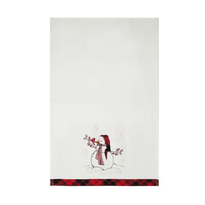 Snowman With Beanie Hat and Softy Tufted Snow Embroidered Christmas Tea Towel, 17 by 27-Inch