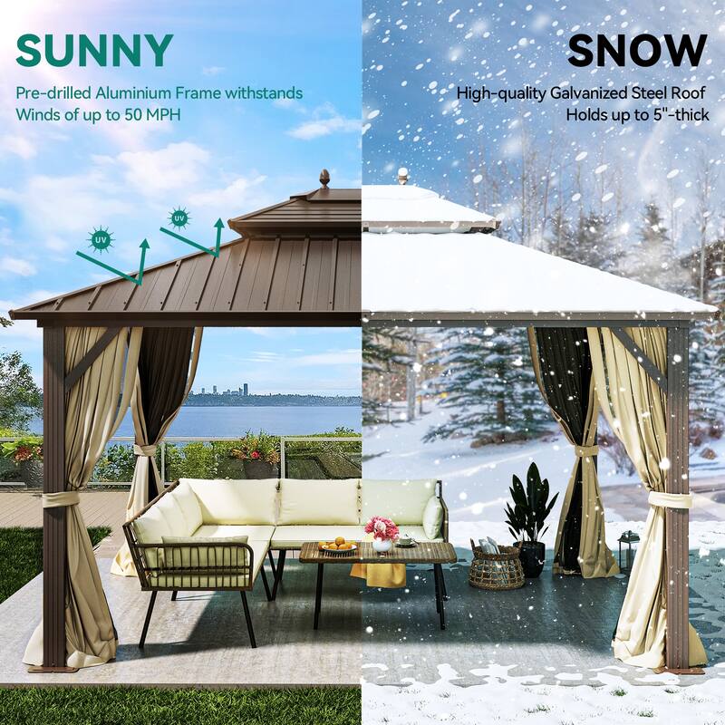 Outdoor Aluminum Hardtop Gazebo With Nettings And Curtains