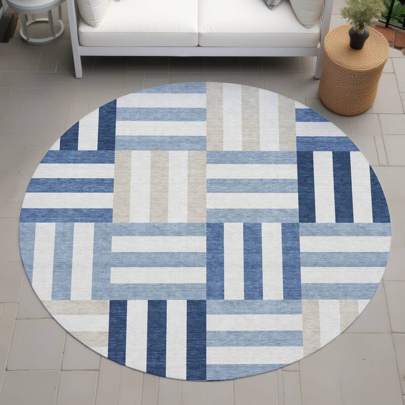 Machine Washable Indoor/ Outdoor Modern Hatch Chantille Rug - Navy - 8' x 8'