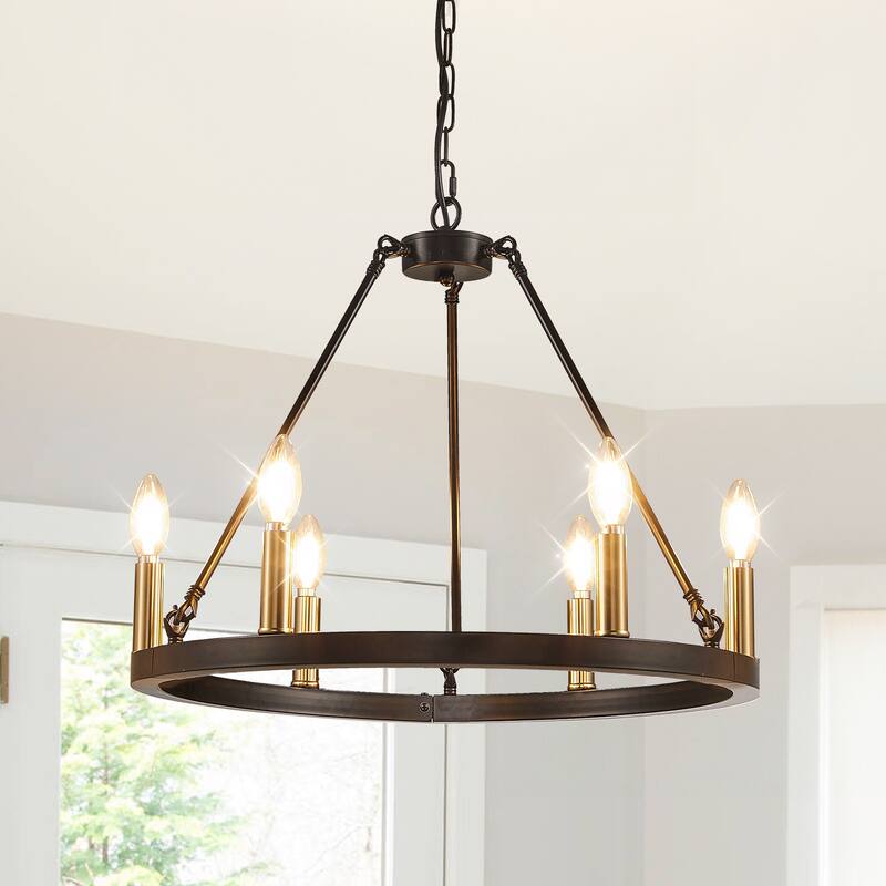 Black Farmhouse Chandelier, 6-Light Wagon Wheel Chandelier with Adjustable Height - Gold