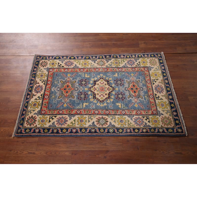 Blue Kazak Foyer Rug Handmade Floral Wool Handmade Wool Carpet - 2'7" x 4'0"